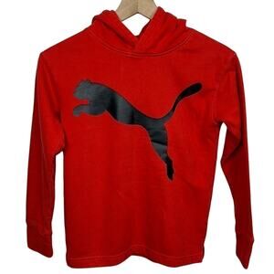 Puma Boys Youth Small Hoodie Red Black Graphic Pullover Fleece Sweatshirt